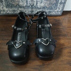 Black Heart Bat Buckle Mary Jane Shoes